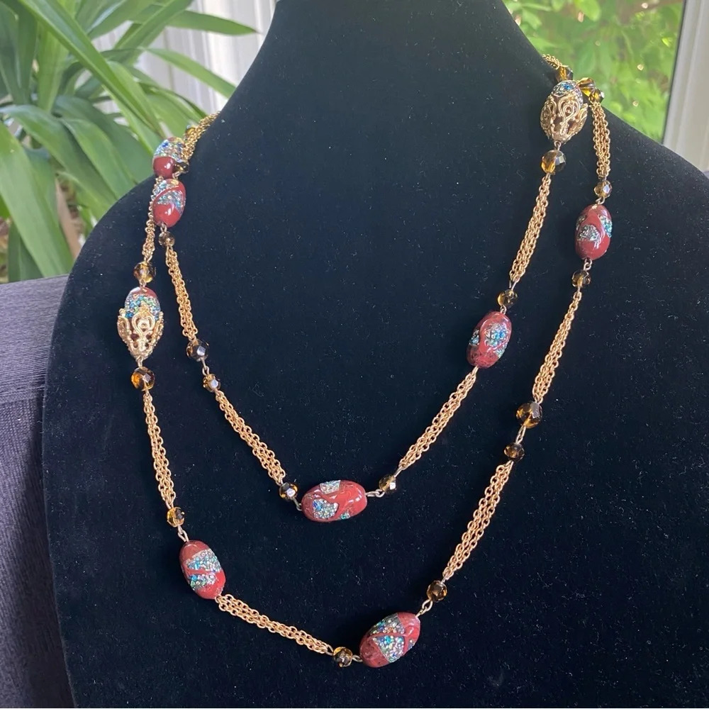 Vintage Venetian Glass Bead Flapper Necklace with Gold Tone Filigree Details